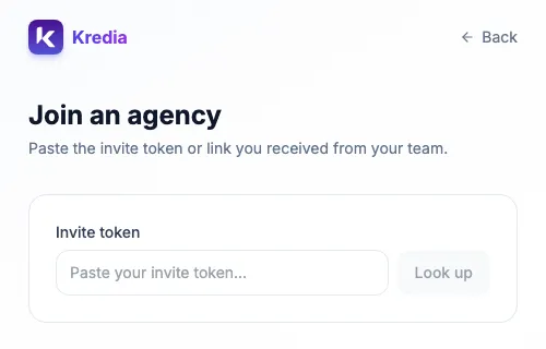 The Join an agency page, where you can also paste an invite token or link