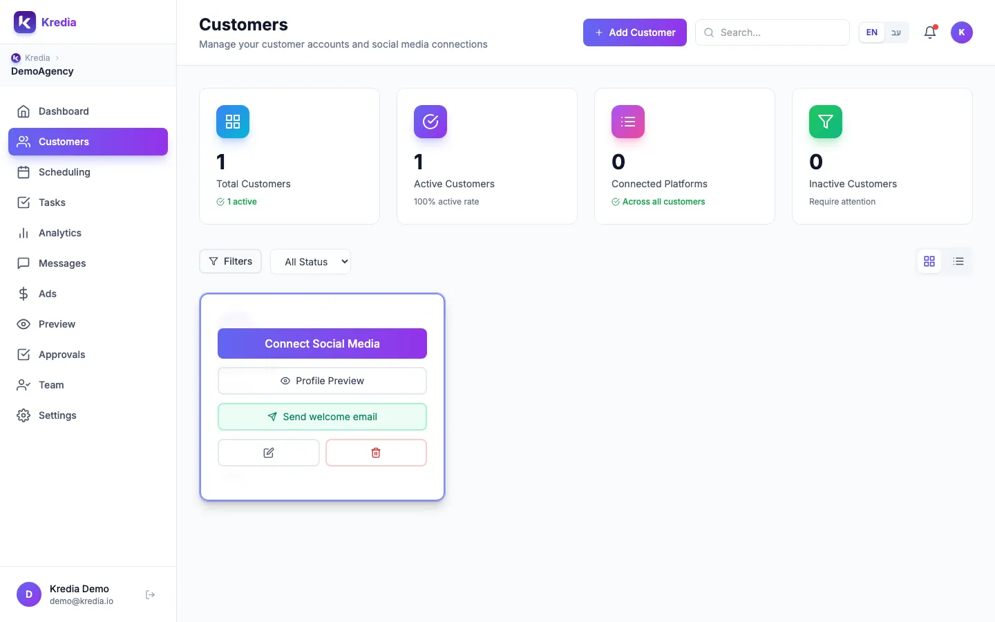 Pointing at a client's card shows Connect Social Media, Profile Preview and Send welcome email