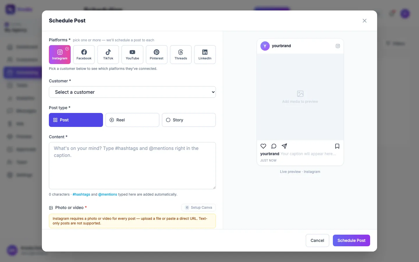 The Schedule Post window with the platform picker, customer, post type and caption
