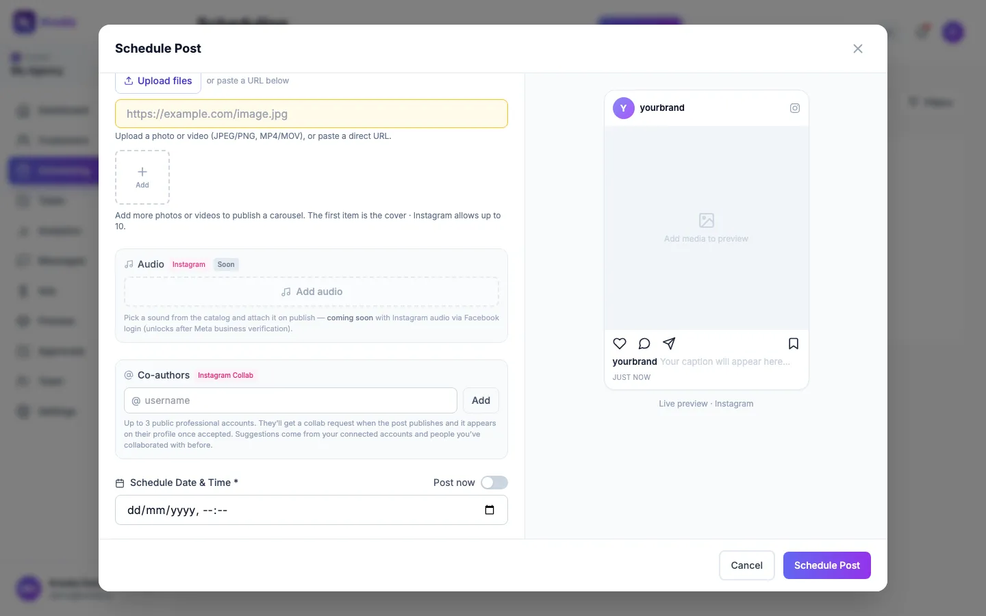 The bottom of the composer with the upload button, schedule date and time, and the Post now switch