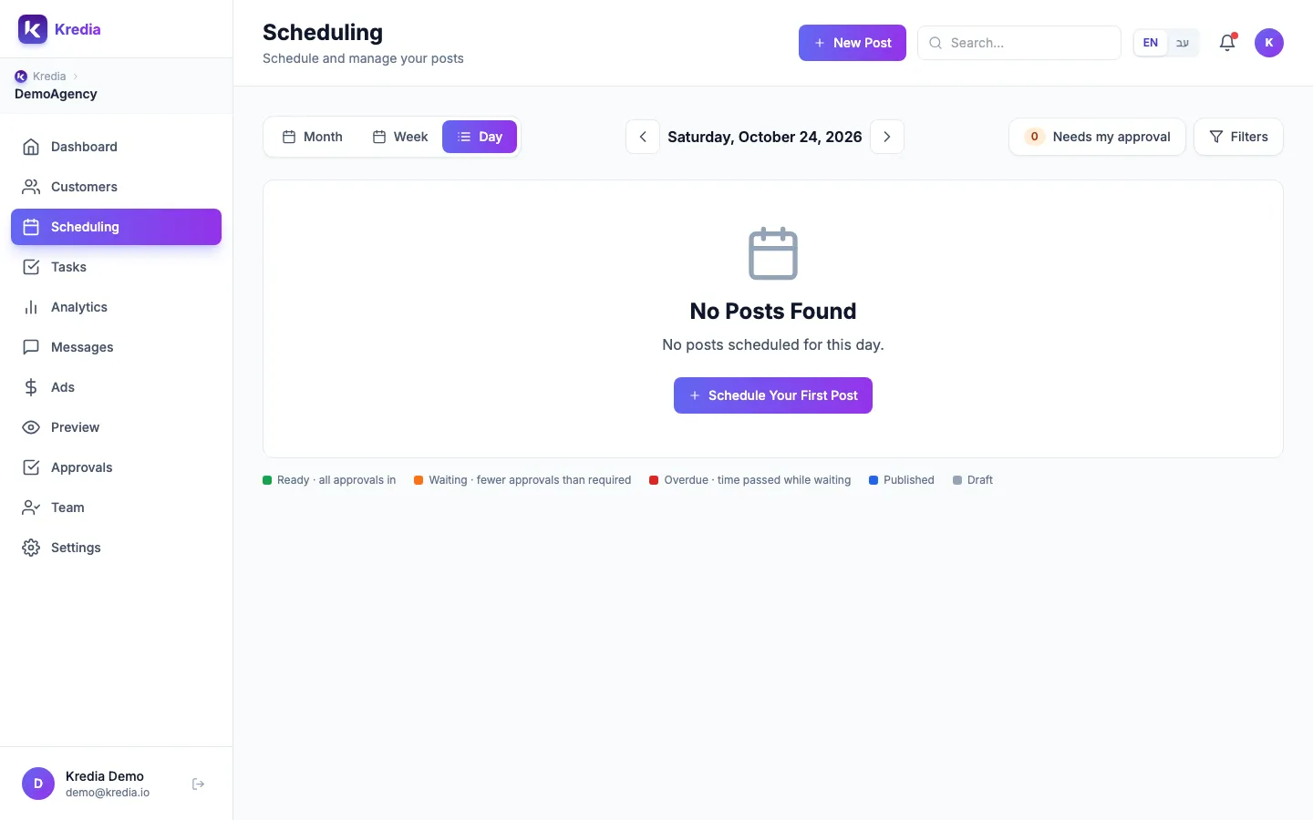 The Scheduling calendar with the New Post button
