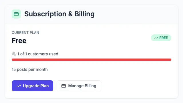 The Subscription & Billing card in Settings, showing the Free plan