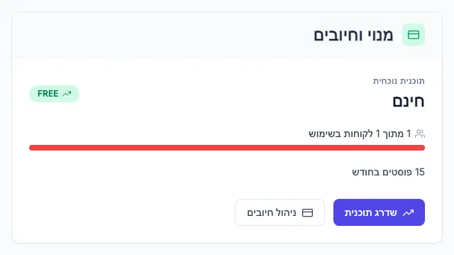 הכרטיס מנוי וחיובים בהגדרות, עם התוכנית החינמית