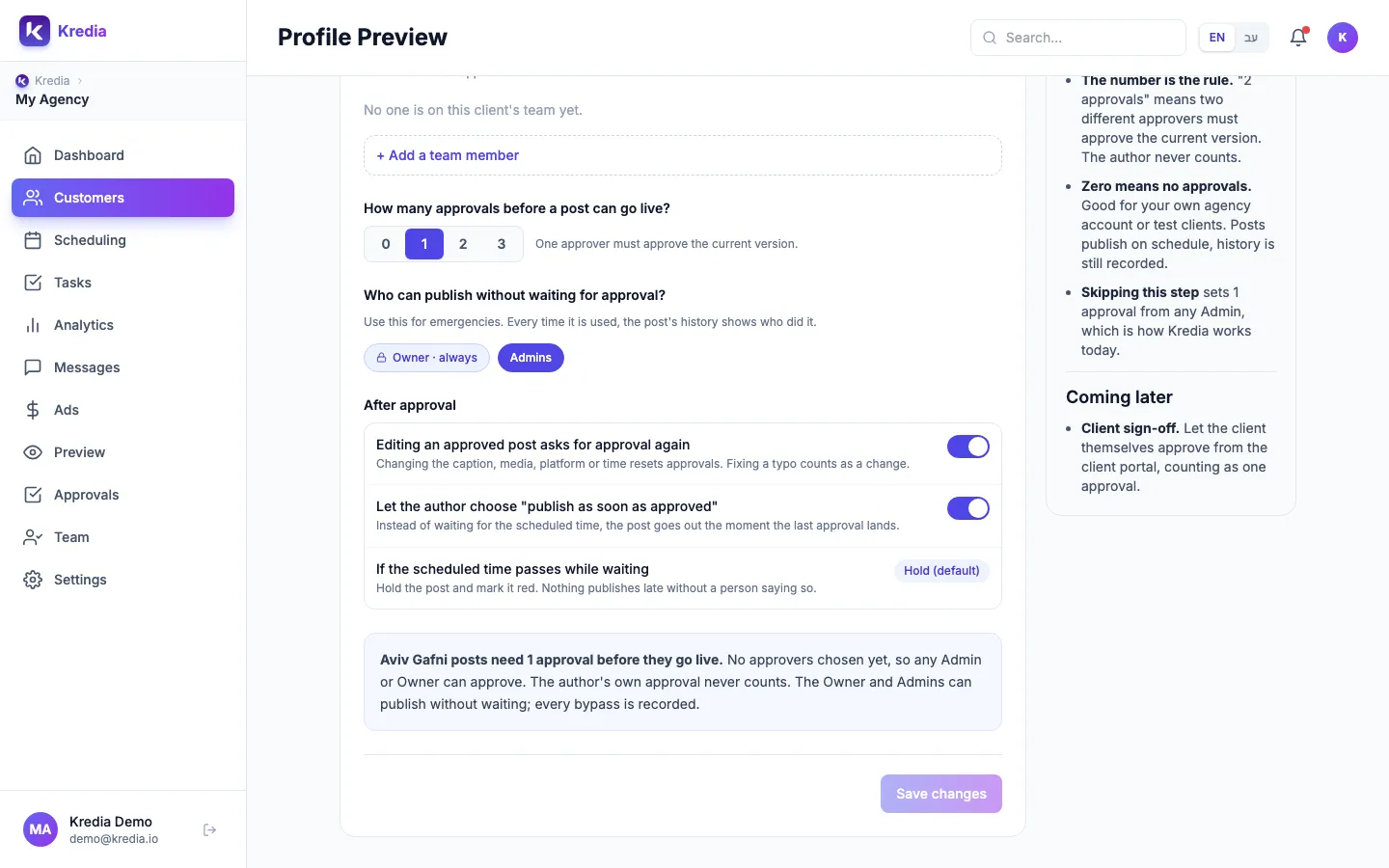 The Team & approvals tab: after-approval settings and the summary of the client's rule