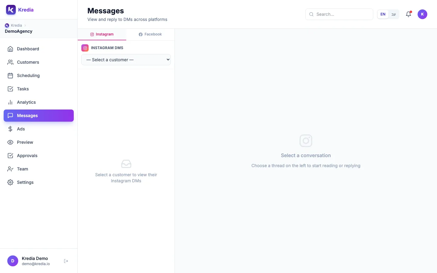 The Messages page with the Instagram and Facebook tabs and the client picker