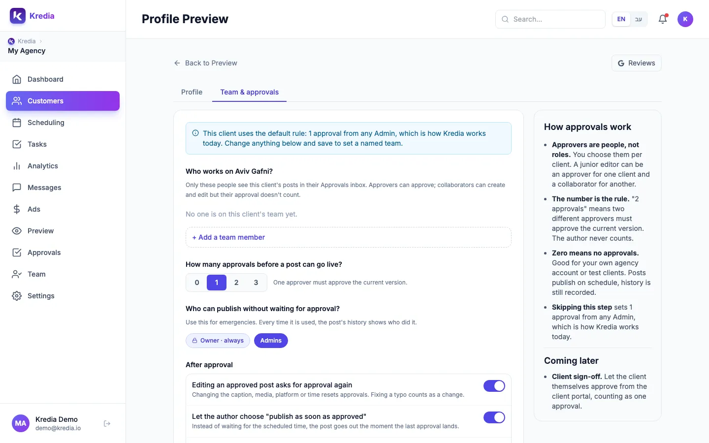 The Team & approvals tab with the client's team, the number of approvals and who can publish without waiting